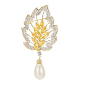 Zircon Leaf Pearl Brooch Elegant Corsage