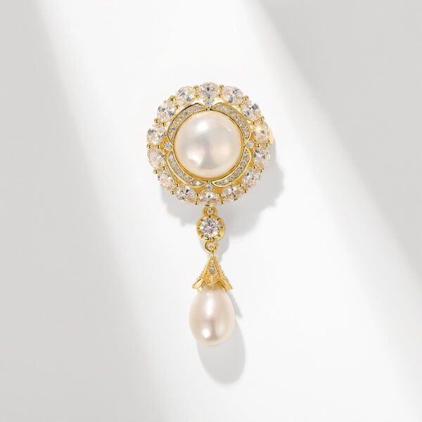 High-end Palace Style Zircon Brooch Round Water Drop Shell Pearls Temperament Clothing Accessories Pin - Image 3