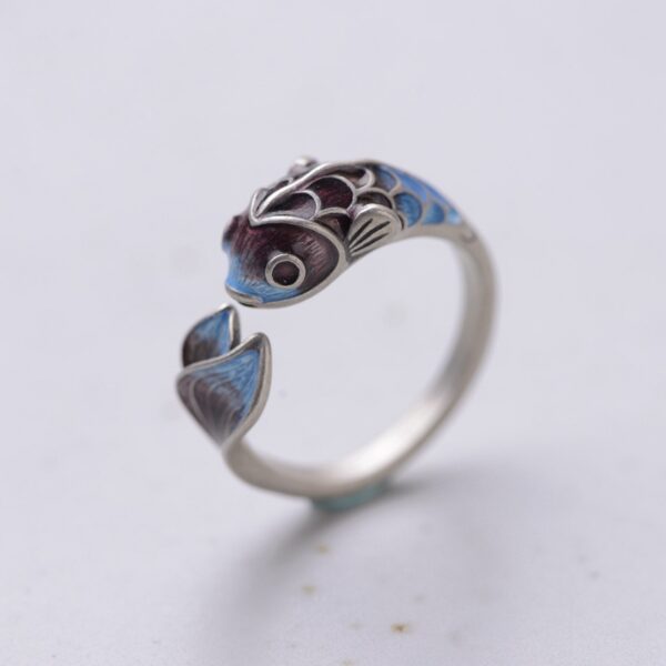 S925 Silver Retro Classical Roasted Blue Carp Koi Ring