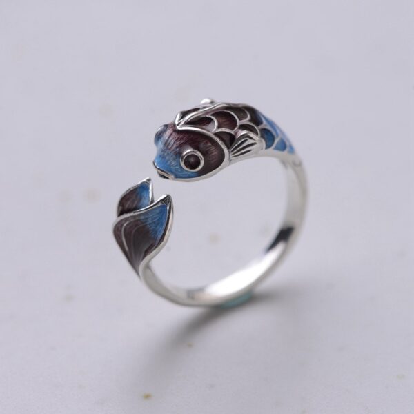 S925 Silver Retro Classical Roasted Blue Carp Koi Ring - Image 2