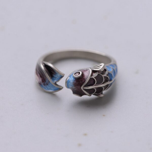 S925 Silver Retro Classical Roasted Blue Carp Koi Ring - Image 3