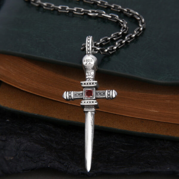 S925 Sterling Silver Skull Knight Sword Cross Pendant - Image 2