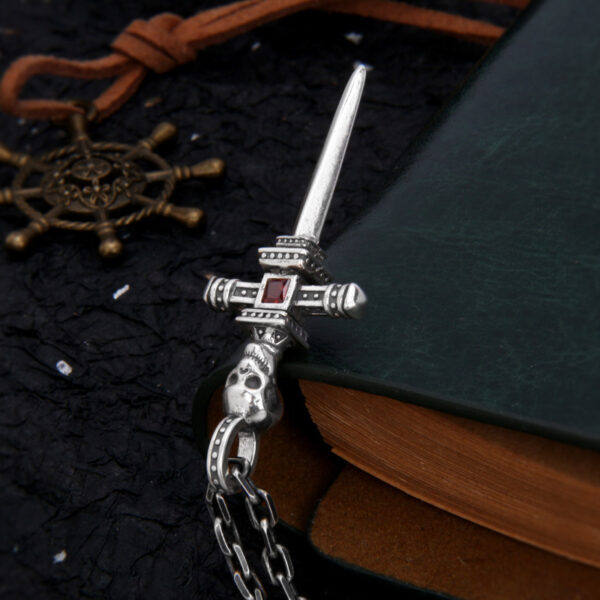 S925 Sterling Silver Skull Knight Sword Cross Pendant - Image 4