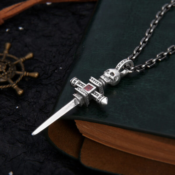 S925 Sterling Silver Skull Knight Sword Cross Pendant - Image 3