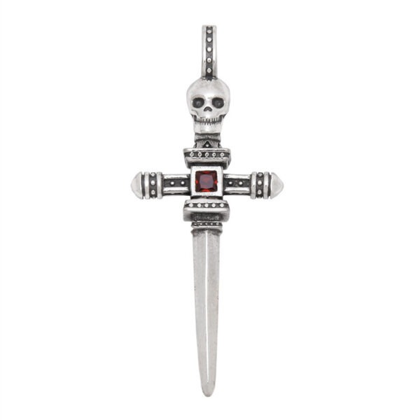 S925 Sterling Silver Skull Knight Sword Cross Pendant