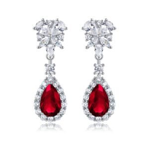 S925 Sterling Silver Teardrop Dangle Earrings, 7x11mm Lab-Grown Ruby Sapphire Emerald, Platinum Plated 4.5g Women’s Jewelry Gift Box