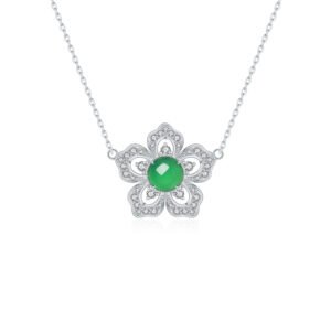 S925 Sterling Silver Flower Clover Necklace, 8mm Round Green Chrysoprase Pendant, Platinum Plated 45cm Chain, 4.5g Elegant Women’s Jewelry Gift Set
