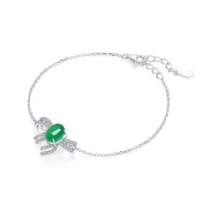 S925 Sterling Silver Bowknot Bracelet, 8x6mm Cabochon Green Chrysoprase, Platinum Plated 2.5g, 19cm Link Chain, Elegant Women’s Jewelry With Gift Box