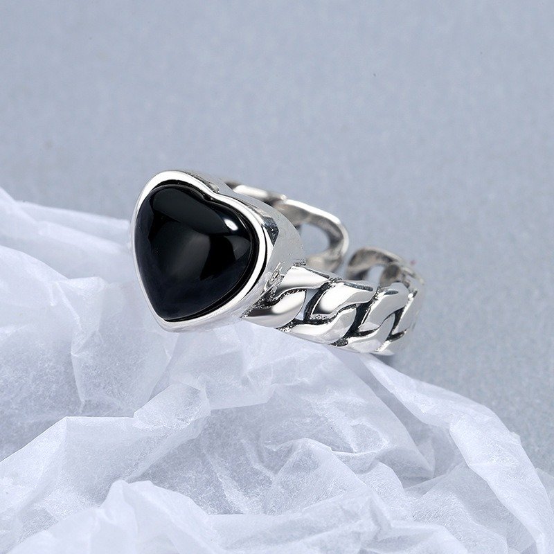 925 Sterling Silver Love Heart Black Agate Ring - Image 4