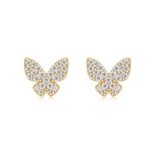 S925 Sterling Silver Gold Plated Butterfly Stud Earrings, D-VVS1 Moissanite Pave, 1.7g Women Jewelry Gift Box