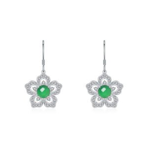 S925 Sterling Silver Flower Dangle Earrings, 6mm Round Green Chrysoprase, Platinum Plated Elegant Women’s Jewelry With Gift Box