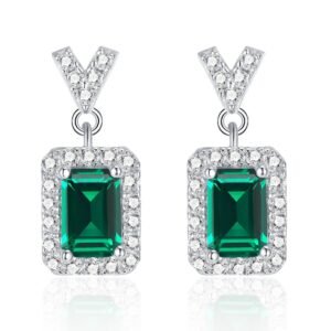 S925 Sterling Silver V-Shape Halo Drop Earrings, 6x4mm Lab-Grown Ruby & Emerald, Platinum Plated 2.6g, Women’s Jewelry Gift Box