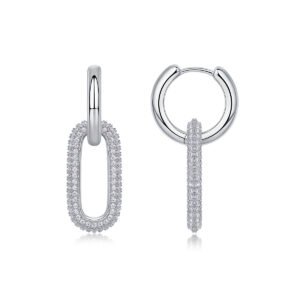 S925 Sterling Silver Geometric Link Drop Earrings, D-VVS1 Moissanite Pave, Platinum Plated 9.4g Women’s Jewelry Gift Box