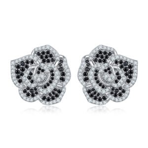 S925 Sterling Silver Black & White Rose Stud Earrings, D-VVS1 Moissanite Pave Flower, Platinum Plated 3.4g, Women’s Jewelry Gift Box
