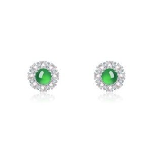 S925 Sterling Silver Flower Stud Earrings, 6mm Round Green Chrysoprase, Platinum Plated 3.2g Elegant Women’s Jewelry With Gift Box Set