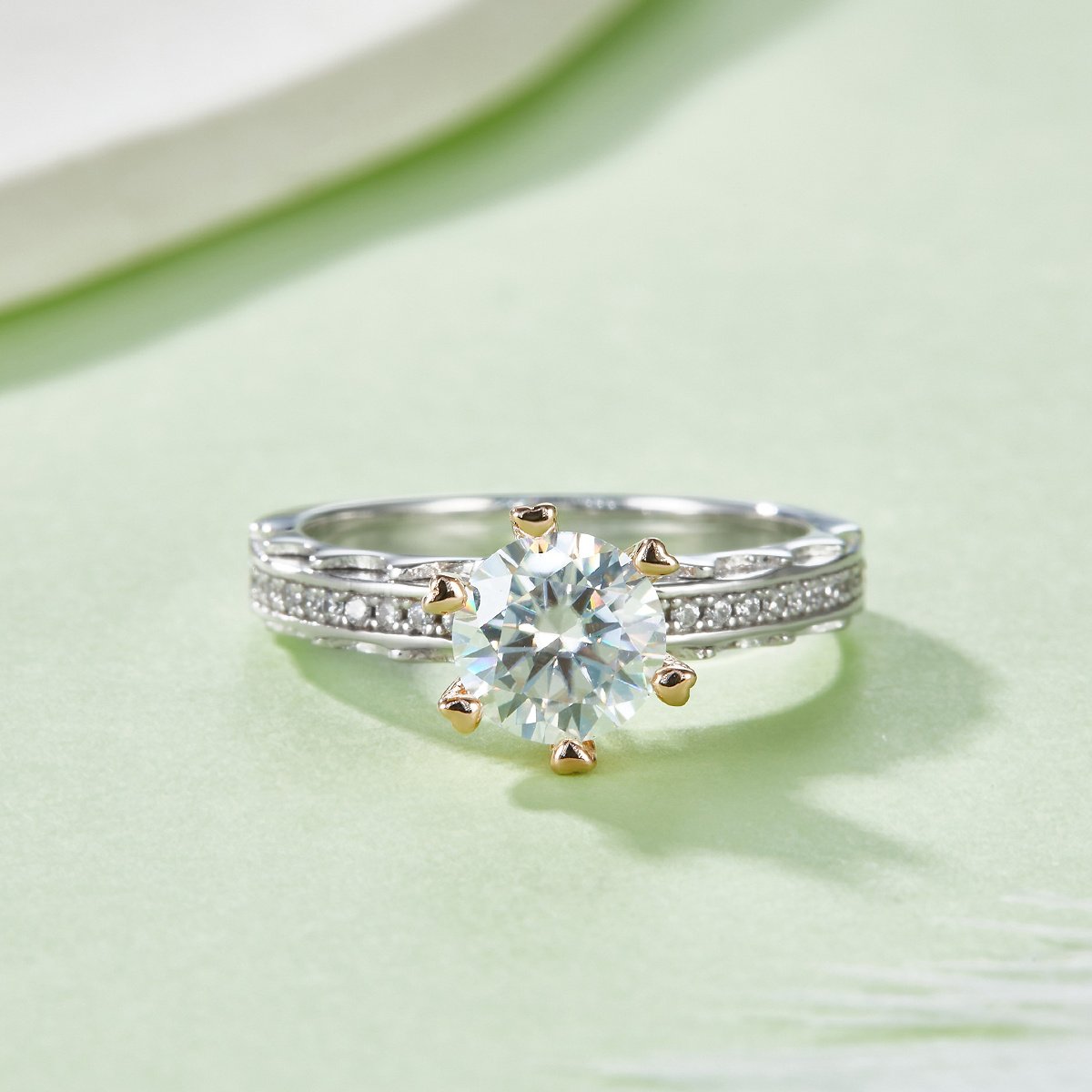 S925 Sterling Silver 1ct Moissanite Ring, 6.5mm Round Cut With Gold Heart Prongs, Pave Band, US Sizes 5-9, GRA Certificate Gift Box - Image 2
