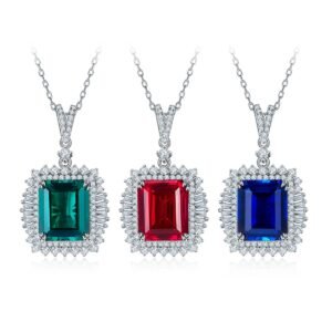 S925 Sterling Silver 10x12mm Lab-Grown Ruby Sapphire Emerald Halo Pendant Necklace, Platinum Plated 40&45cm Chain, 5.5g Women’s Jewelry Gift Box