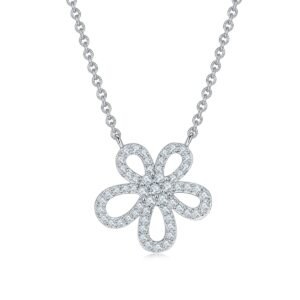 S925 Sterling Silver Dainty Flower Necklace, 49 D-VVS1 Moissanite Pave, Platinum Plated 1.1g With GRA Certificate & Gift Box