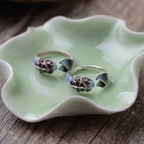 S925 Silver Retro Roasted Blue Carp Koi Ring