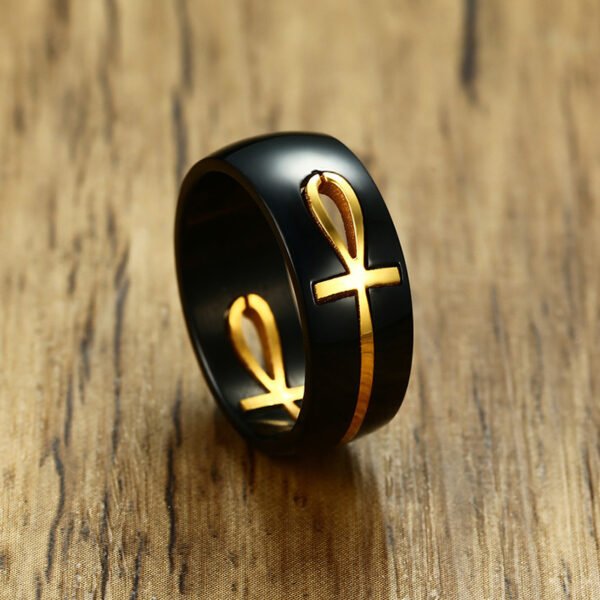 Ankh Egyptian Cross Ring Black Gold Stainless Steel
