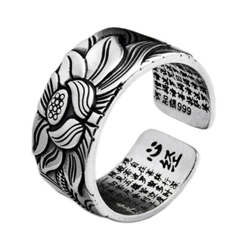 Vintage Real Silver Plated Prajna Paramita Heart Sutra Lotus Ring