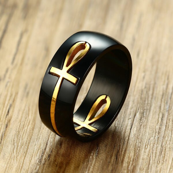 Ankh Egyptian Cross Ring Black Gold Stainless Steel