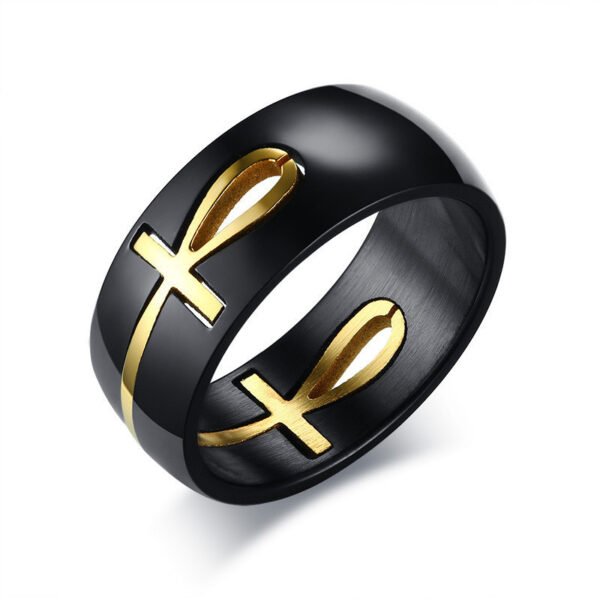Ankh Egyptian Cross Ring Black Gold Stainless Steel