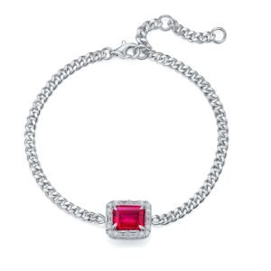 S925 Sterling Silver Lab-Grown Ruby Bracelet, 8x6mm Emerald Cut Halo Adjustable Cuban Chain, Platinum Plated 5.4g Women's Jewelry Gift Box