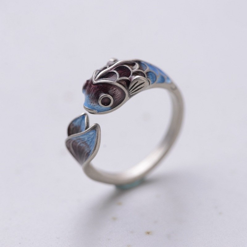 S925 Silver Retro Roasted Blue Carp Koi Ring