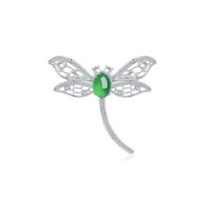 S925 Sterling Silver Dragonfly Brooch, 8x6mm Cabochon Green Chrysoprase, Platinum Plated 3.9g, Elegant Women's Brooch Pin With Gift Box