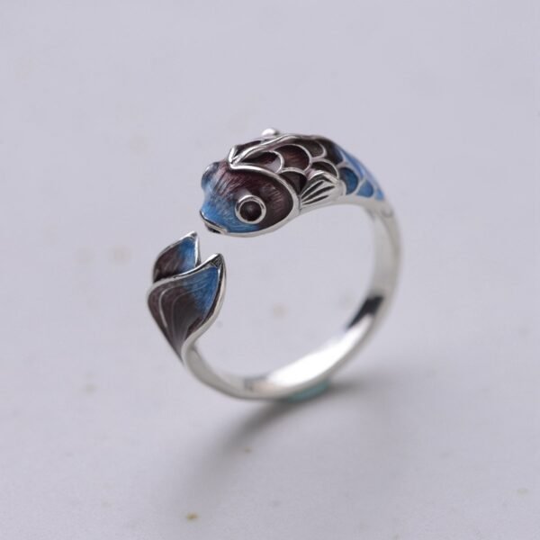 S925 Silver Retro Roasted Blue Carp Koi Ring