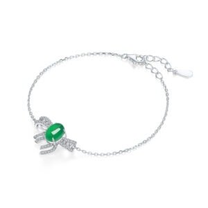 S925 Sterling Silver Bowknot Bracelet, 8x6mm Cabochon Green Chrysoprase, Platinum Plated 2.5g, 19cm Link Chain, Elegant Women's Jewelry With Gift Box
