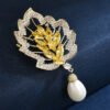 Zircon Leaf Pearl Brooch Elegant Corsage