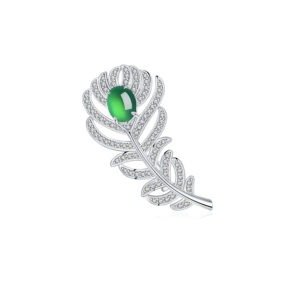 S925 Sterling Silver Feather Brooch, 8x6mm Cabochon Green Chrysoprase, Platinum Plated 4.6g, Elegant Leaf Brooch Pin For Women With Gift Box
