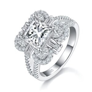 S925 Sterling Silver 2ct Princess Cut Moissanite Ring, D-VVS1 Cluster Halo With Split Shank, Platinum Plated US Sizes 5-9, GRA Certificate Gift Box