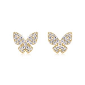S925 Sterling Silver Gold Plated Butterfly Stud Earrings, D-VVS1 Moissanite Pave, 1.7g Women Jewelry Gift Box