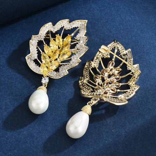 Zircon Leaf Pearl Brooch Elegant Corsage
