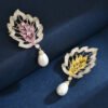 Zircon Leaf Pearl Brooch Elegant Corsage