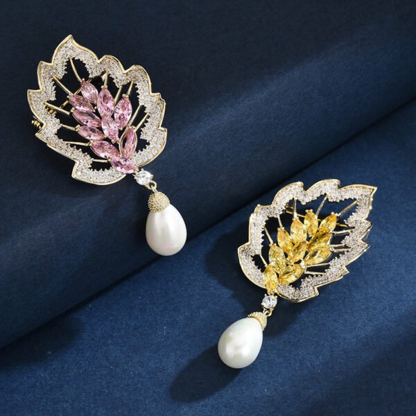 Zircon Leaf Pearl Brooch Elegant Corsage
