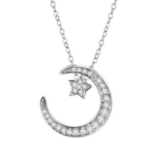 S925 Sterling Silver Star & Moon Necklace, D-VVS1 Moissanite Pave Pendant, Platinum Plated 38&41cm Chain, 1.6g Jewelry Gift Box With GRA Certificate