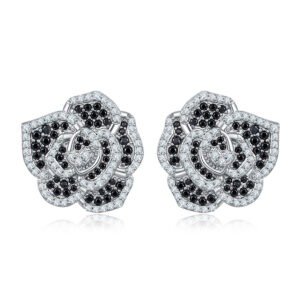S925 Sterling Silver Black & White Rose Stud Earrings, D-VVS1 Moissanite Pave Flower, Platinum Plated 3.4g, Women's Jewelry Gift Box