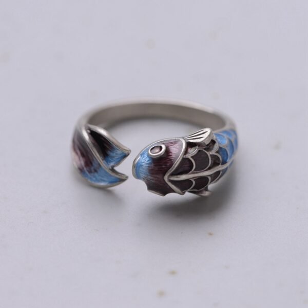 S925 Silver Retro Roasted Blue Carp Koi Ring