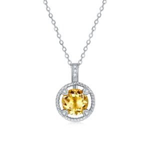 S925 Sterling Silver Necklace, 8mm Natural Citrine Round Pendant, Platinum Plated Rope Design Chain 2.6g, Elegant Women's Jewelry Gift Box