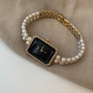 Black Square Pearl Bracelet Diamond Quartz Watch