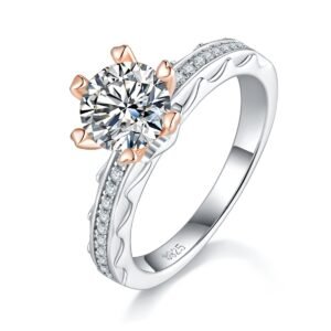 Sterling Silver 1ct Moissanite Ring, 6.5mm Round Cut With Gold Heart Prongs
