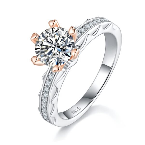 Sterling Silver 1ct Moissanite Ring, 6.5mm Round Cut With Gold Heart Prongs