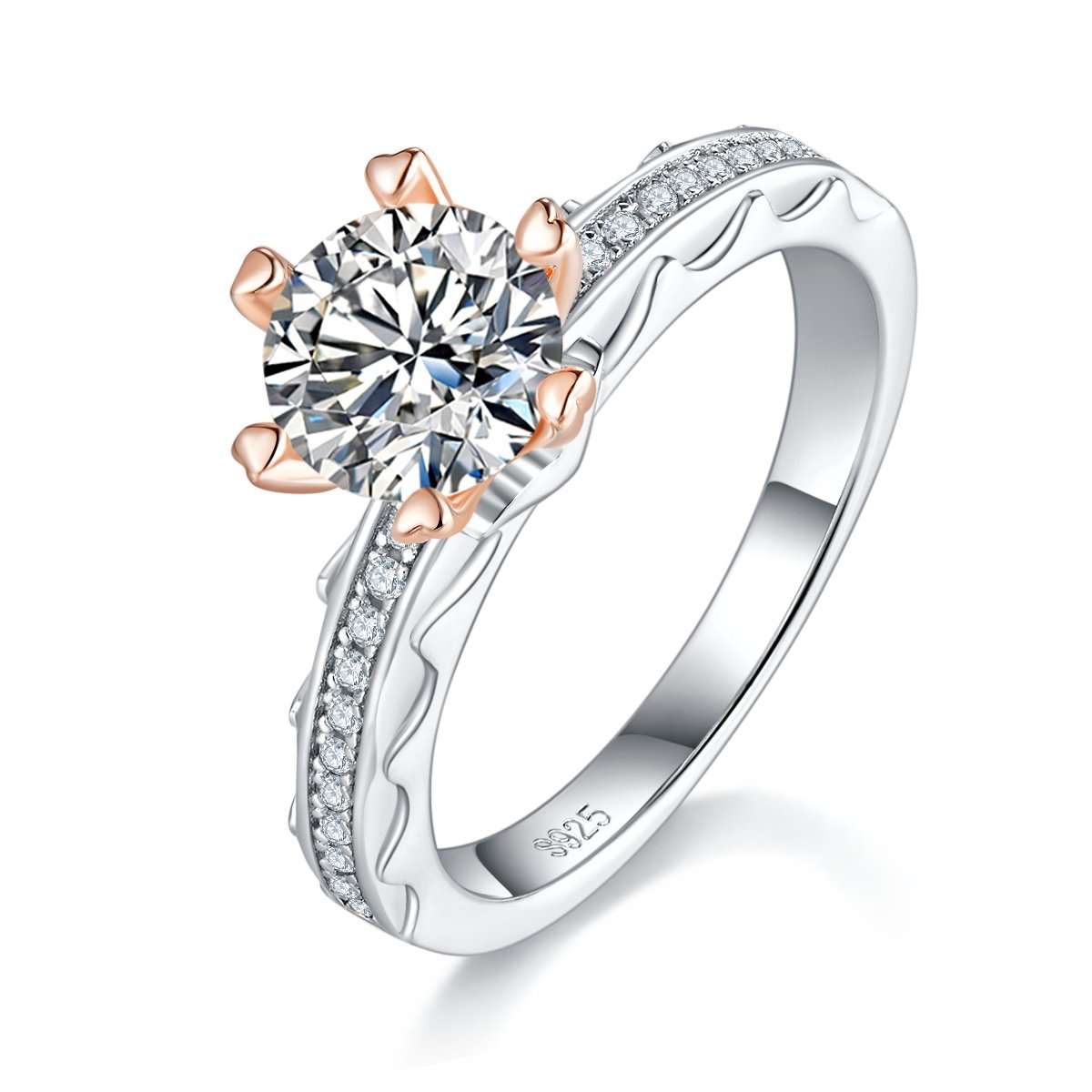 S925 Sterling Silver 1ct Moissanite Ring, 6.5mm Round Cut With Gold Heart Prongs, Pave Band