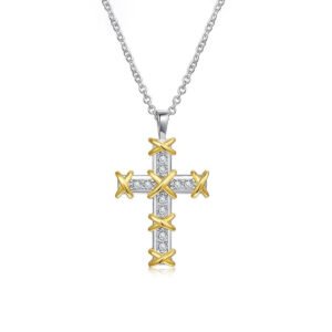 Silver Two-Tone Cross Moissanite Necklace