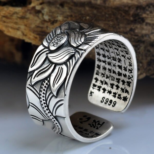 Thai Silver Black Lotus Heart Sutra Ring