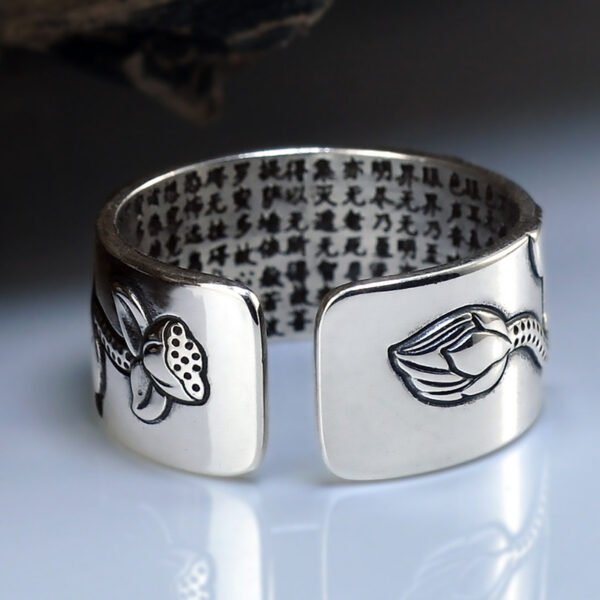 Thai Silver Black Lotus Heart Sutra Ring